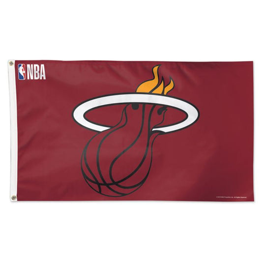 Deluxe Miami Heat 3x5 flag featuring a solid deep red field. The team's iconic logo is centered, showing a flaming basketball passing through a white hoop.