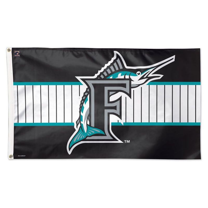 Load image into Gallery viewer, Deluxe Miami Marlins Cooperstown 3x5 MLB sport flag. The black flag has a central white area with thin black pinstripes and two teal horizontal stripes, displaying the large gray and teal Marlin 'F' logo.
