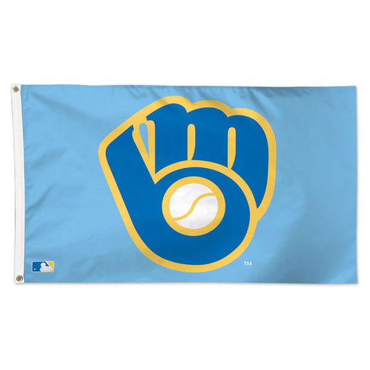 Milwaukee Brewers MLB sport flag, 3x5 feet, featuring the light blue background and the classic "M" formed by a blue and yellow baseball glove catching a white baseball.