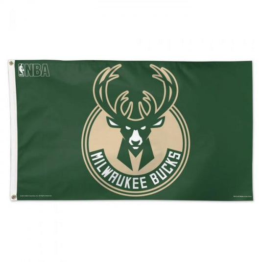 Deluxe 3x5 foot Milwaukee Bucks NBA flag featuring the primary logo: a fierce, modern 12-point buck in the official Good Land Green and Cream City Cream colors, centered on a bold forest green background.