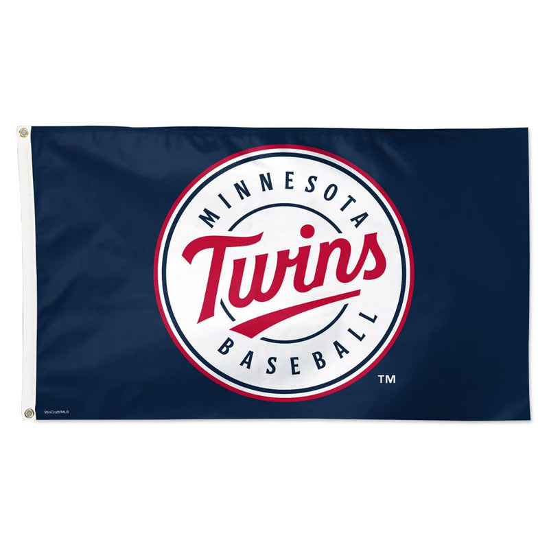 Load image into Gallery viewer, Deluxe 3x5 foot Minnesota Twins MLB sport flag, featuring the official navy blue field and the classic circular logo with red "Twins" script over "BASEBALL" and "MINNESOTA."
