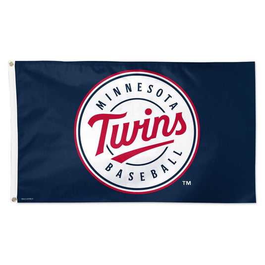 Deluxe 3x5 foot Minnesota Twins MLB sport flag, featuring the official navy blue field and the classic circular logo with red "Twins" script over "BASEBALL" and "MINNESOTA."