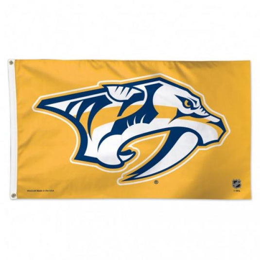 Nashville Predators NHL deluxe 3x5 flag with the gold background and the navy blue and white sabretooth tiger profile logo.