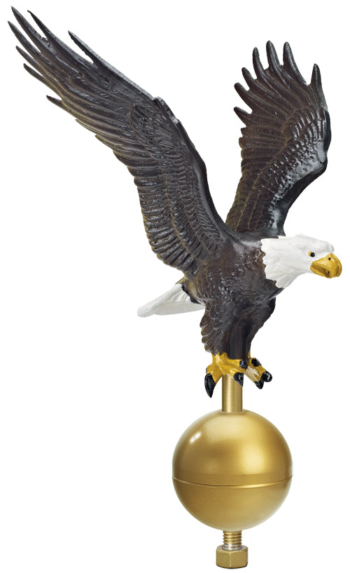 Load image into Gallery viewer, Natural cast aluminum bald eagle finial in an antique bronze finish with a white head, mounted on a gold ball ornament.
