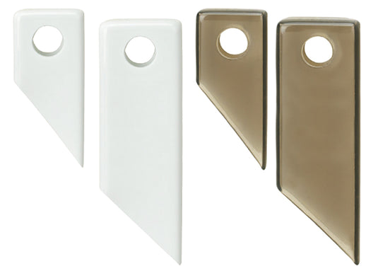 Pair of triangular Flag Snap Covers in two colors: bright white and translucent smoky bronze. These plastic accessories attach to the flag's grommet to prevent it from tangling or wrapping around the flagpole rope.