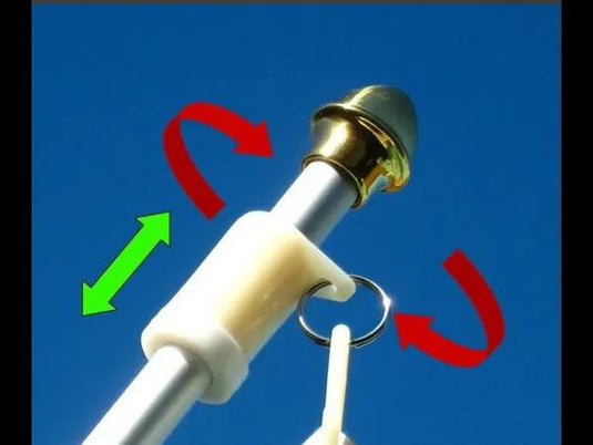 White Neverfurl anti-furling ring and gold finial shown on a silver flagpole, with red arrows demonstrating the 360-degree rotation.
