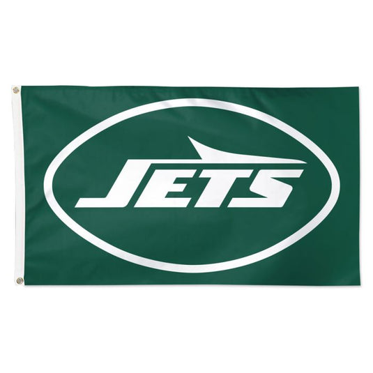 New York Jets NFL deluxe 3x5 flag on a dark green field, centered with the white oval logo and the italicized 
