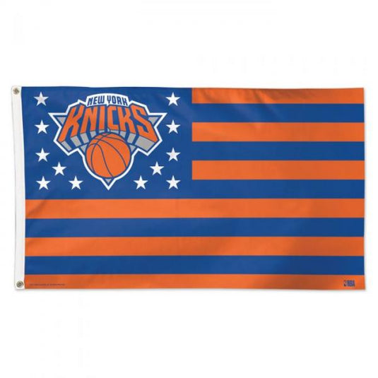 New York Knicks NBA patriotic flag, a stars-and-stripes design with alternating blue and orange bands, featuring the Knicks basketball logo and white stars on the blue canton.