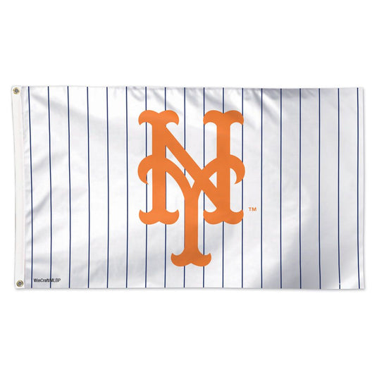 New York Mets MLB deluxe 3x5 sport flag with a white pinstripe background and the prominent interlocking orange 'NY' logo.