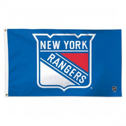 Deluxe 3x5 NHL New York Rangers Flag featuring the blue, white, and red shield logo on a royal blue background.