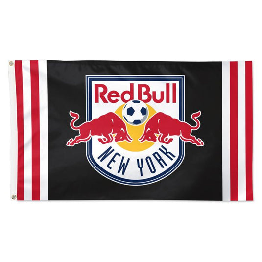 Deluxe 3x5 New York Red Bulls flag featuring the official team crest with two red bulls charging at a soccer ball on a black background with white and red side stripes.