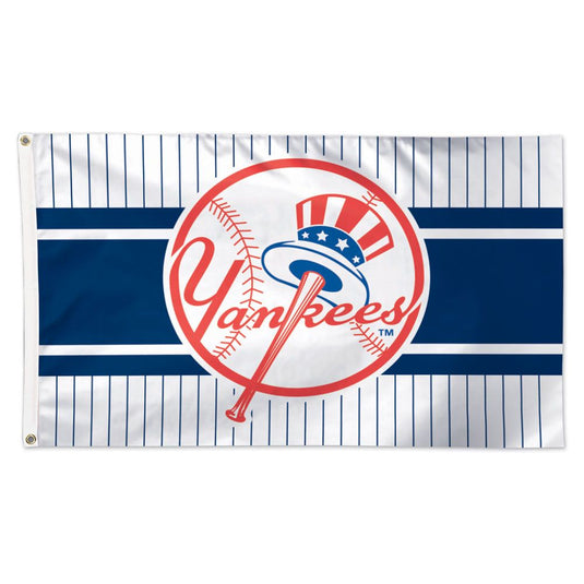 Deluxe 3x5 New York Yankees MLB flag with the classic team logo featuring a baseball bat topped with a stars-and-stripes top hat, set against white pinstripes and a bold navy stripe background.