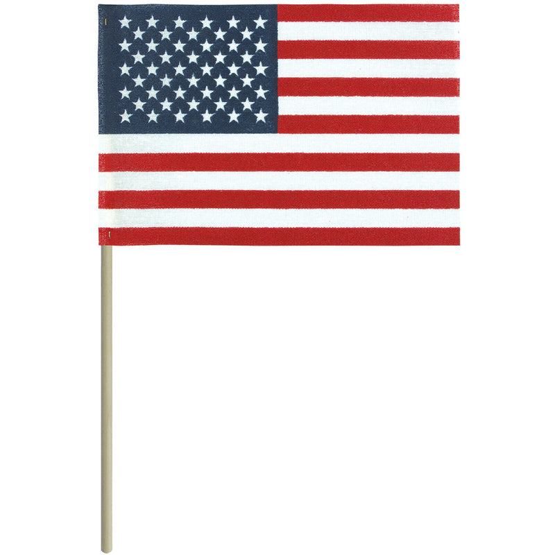 Load image into Gallery viewer, Traditional no-fray poly-cotton U.S. stick flag with a plain wooden staff and bright printed stars and stripes, suitable for parades and bulk distribution.
