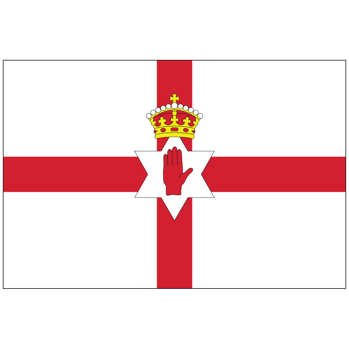 Northern Ireland nylon flag featuring a red cross on a white field, with a crowned six-pointed star and a red hand at the center symbolizing the historic Ulster Banner.