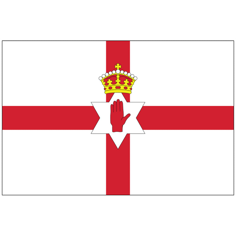 Load image into Gallery viewer, Northern Ireland nylon flag featuring a red cross on a white field, with a crowned six-pointed star and a red hand at the center symbolizing the historic Ulster Banner.
