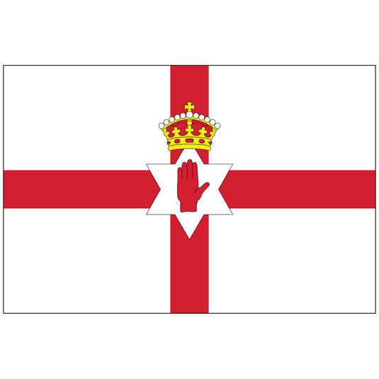 Northern Ireland nylon flag featuring a red cross on a white field, with a crowned six-pointed star and a red hand at the center symbolizing the historic Ulster Banner.