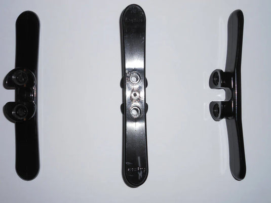 Set of three black nylon flagpole cleats displayed from multiple angles.