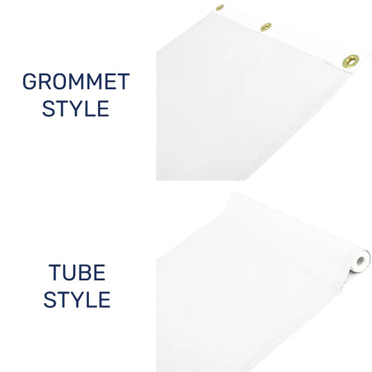 Comparison image showing the two header options for the nylon golf flag: a standard Grommet Style and a Tube Style for pole mounting.