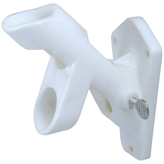 White nylon multi-purpose flagpole bracket with dual mounting angles, a sturdy wall plate, and tightening screw for secure outdoor flag display installation.