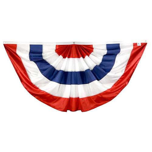 Nylon pleated patriotic bunting fan made in the USA, featuring alternating red, white, and blue stripes in a semicircular design for festive outdoor or indoor patriotic displays.
