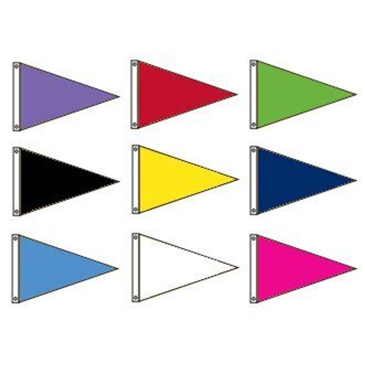 Assorted nylon solid color pennant flags in purple, red, green, black, yellow, navy blue, light blue, white, and pink, each triangular with grommets for hanging or display.