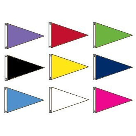 Assorted nylon solid color pennant flags in purple, red, green, black, yellow, navy blue, light blue, white, and pink, each triangular with grommets for hanging or display.