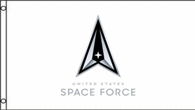 Load image into Gallery viewer, Nylon United States Space Force flag featuring the official delta insignia with a white star at the center and the words “United States Space Force” below.
