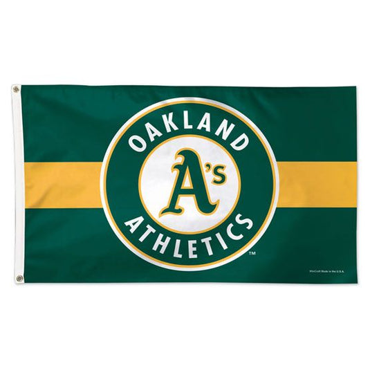 A 3x5 deluxe Oakland Athletics MLB flag featuring the team's circular logo on a green field with a gold horizontal stripe.