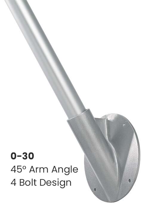 Load image into Gallery viewer, Close-up of the silver Outrigger Wall Mount Flagpole base (O-31 style) set permanently at a 45-degree angle.
