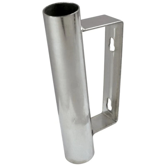 Parking meter flagpole mounting bracket in brushed stainless steel finish with cylindrical pole holder and rectangular mounting plate featuring two keyhole slots