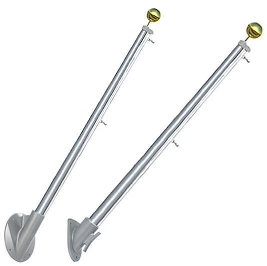 Patio outrigger wall mount flagpole kit in 6 to 12 foot length featuring brushed aluminum telescoping poles with gold ball finials and silver mounting brackets