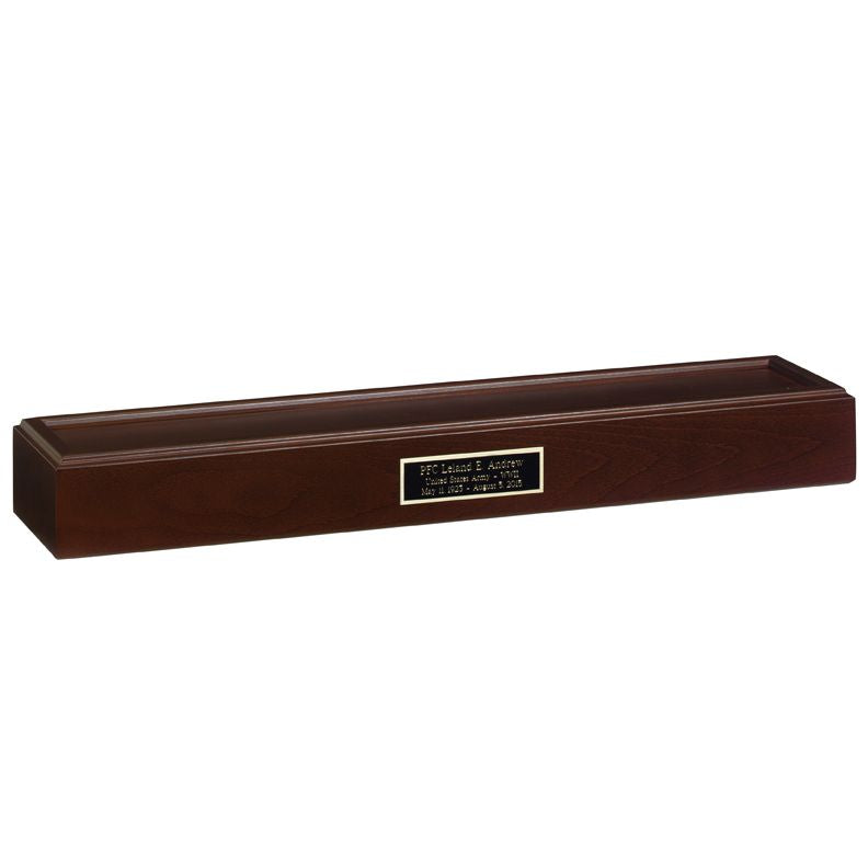 Load image into Gallery viewer, Pedestal urn for flag case in cherry wood finish featuring rectangular design with brass engraving plate on front and open top compartment made in USA
