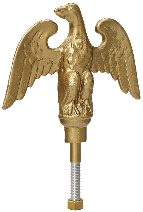 Perched eagle flagpole ornament in gold powder coated cast aluminum featuring majestic eagle with spread wings and detailed feather texture on threaded mounting pole