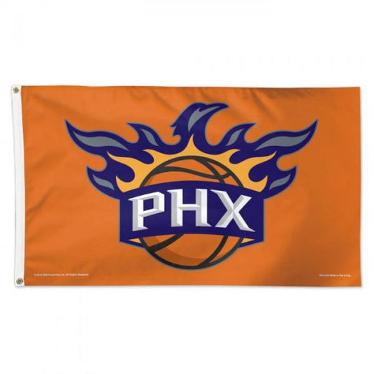 Phoenix Suns flag deluxe 3 x 5 NBA in bright orange featuring team logo with purple and yellow flame design, basketball, and white PHX lettering with grommets