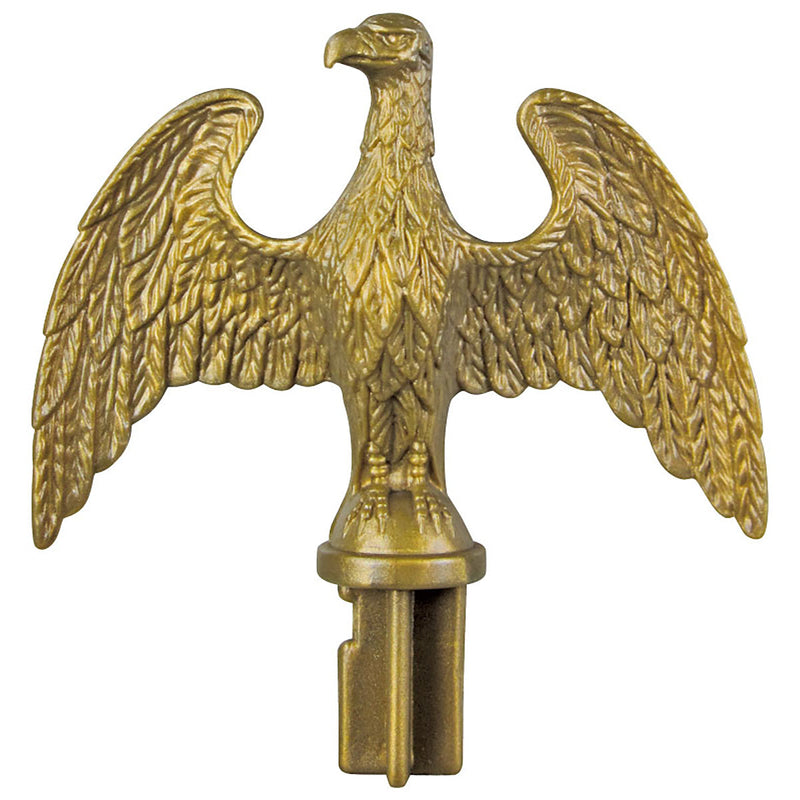 Load image into Gallery viewer, Plastic slip fit eagle ornament for indoor aluminum poles in antique gold finish featuring spread wings with textured feather details and square mounting base
