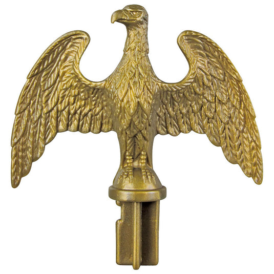Plastic slip fit eagle ornament for indoor aluminum poles in antique gold finish featuring spread wings with textured feather details and square mounting base