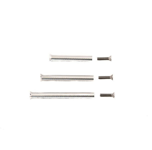 Three metal post fasteners of varying lengths placed against a white background, likely made of different sizes for interlocking sleeves.