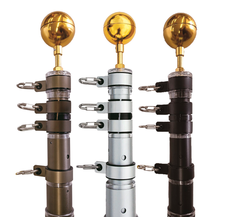 Load image into Gallery viewer, Close-up of the Presidential Telescoping Flagpole Kit hardware showing the three available aluminum finishes: bronze, silver, and black. Each flagpole section includes a gold ball topper and three heavy-duty, anti-tangle swivel clips for securing the flag.
