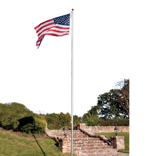 Tall, silver, Residential Non-Tapered Aluminum Flagpole Kit (one-piece shaft) flying the American flag over a brick staircase.