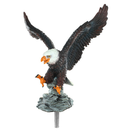 Hand-painted Resin Landing Eagle Flagpole Ornament with black and brown body, white head, and orange talons gripping a rock base.