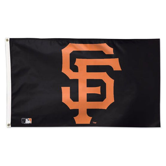 A rectangular flag featuring the San Francisco Giants logo in orange and black colors with a sleeve for hanging.