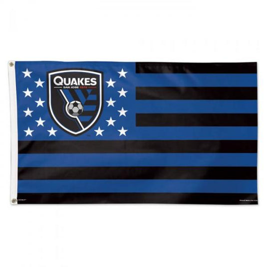 San Jose Earthquakes flag with blue and black stripes, featuring the team logo and 11 white stars. The flag conveys a strong, sporty spirit.