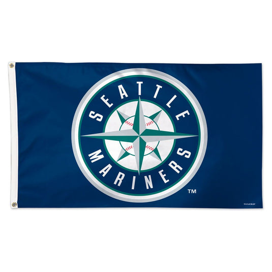 A rectangular flag featuring the Seattle Mariners MLB team logo in white and green on a blue background, with reinforced grommets for hanging.