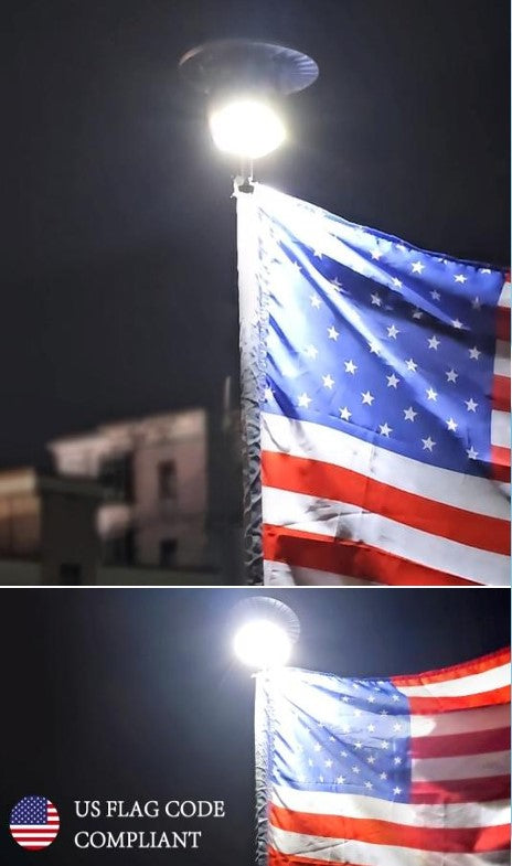 Bright Solar Flagpole Ball Light illuminating an American flag flying at night, showing US Flag Code compliance.