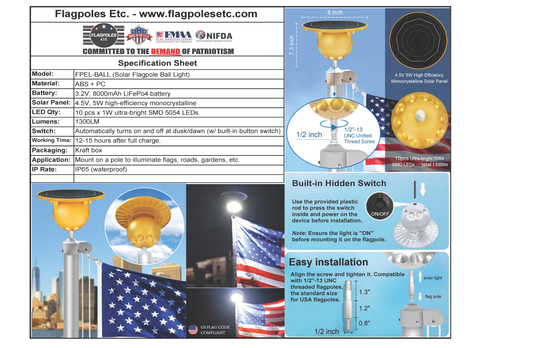Specification sheet for the Solar Flagpole Ball Light, listing material, battery, LED quantity, lumens, IP65 rating, and installation details.