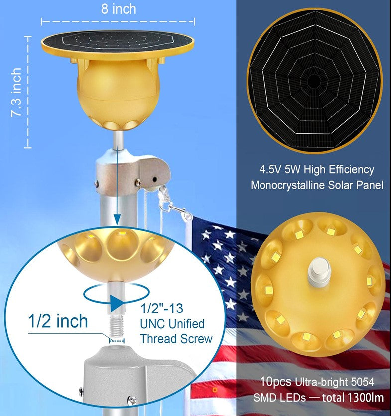 Load image into Gallery viewer, Diagram detailing the Solar Flagpole Ball Light's 8-inch width, 1300 lumens, solar panel specs, and 1/2"-13 threaded base.
