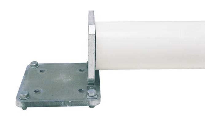 Load image into Gallery viewer, White fiberglass flagpole secured horizontally to the galvanized steel square Hinge Base Kit bracket.
