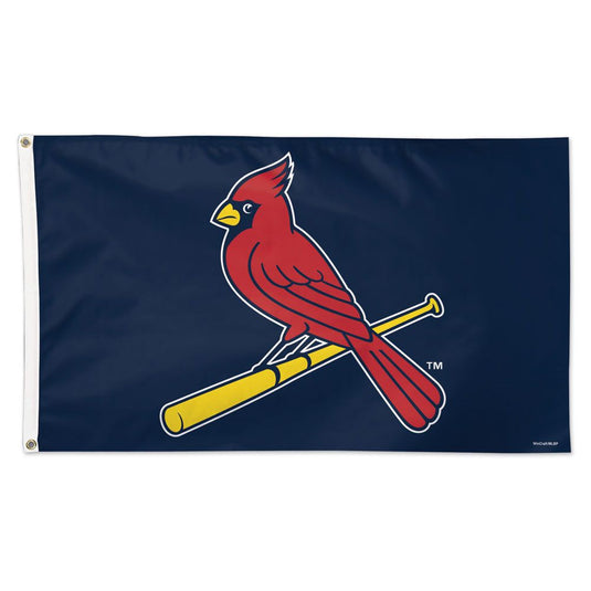 A rectangular flag featuring the St. Louis Cardinals logo with a red bird, a yellow baseball bat, and the team's name in script lettering on a navy background with two metal grommets.