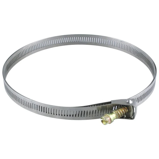 A stainless steel mounting strap with a screw mechanism, designed for attaching brackets to round poles.