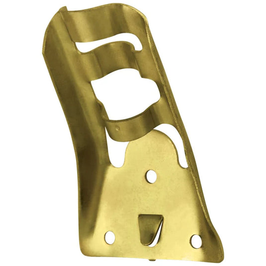 Brass-plated Stamped Steel Bracket with curved top openings for flagpoles and a notch in the base plate.